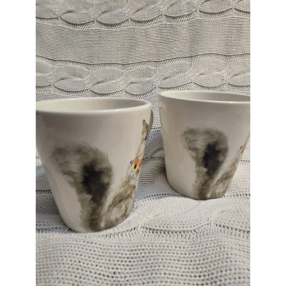 Pier 1 Cat Coffee Mugs Set of 2 Floral Long Hair Kitten Ceramic Cups Cute EUC